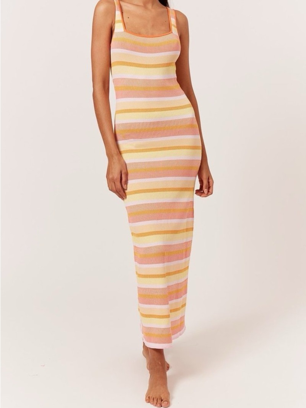 SOLID & STRIPED Pink, Yellow & Cream Striped Midi Knit Dress